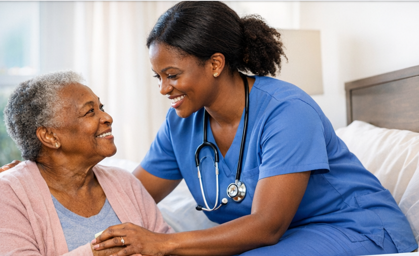 Nurse with stethoscope caring for an older woman